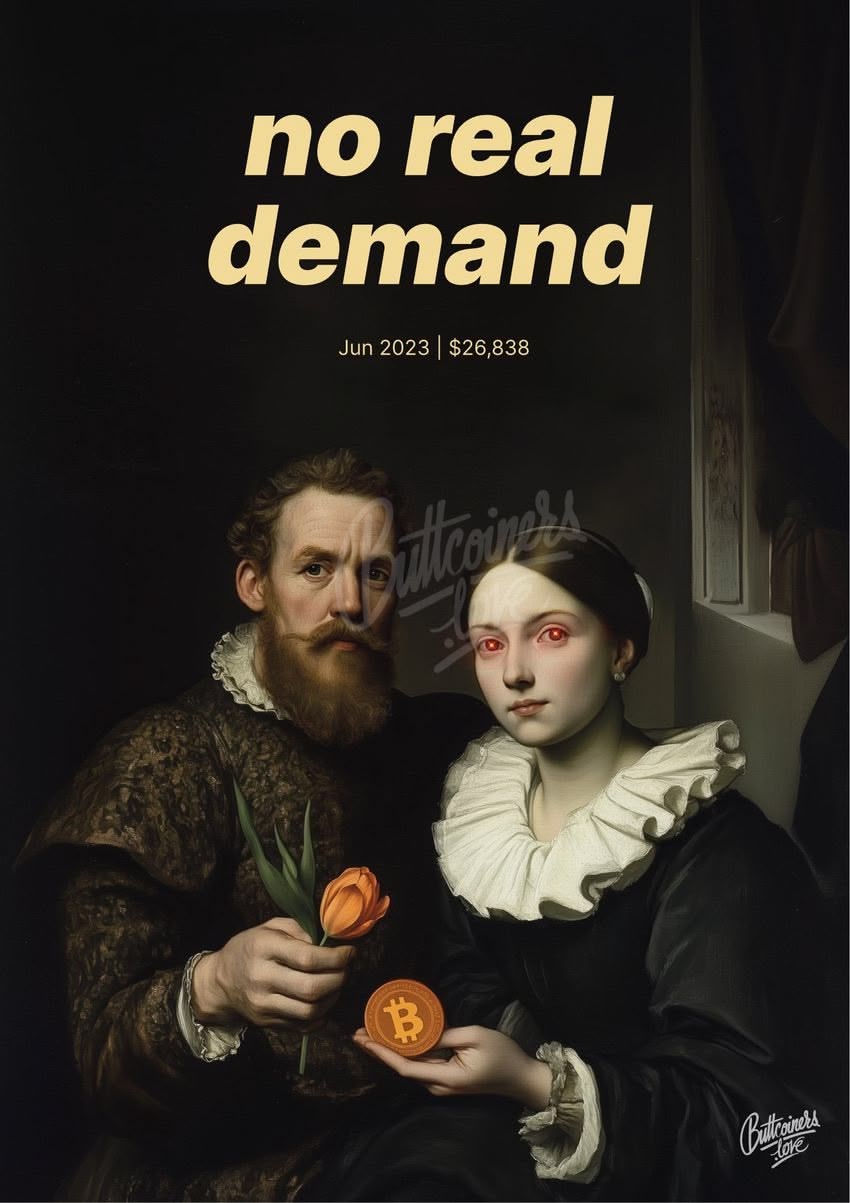 "no real demand" — Peter Schiff, 2023. Bitcoin prediction poster (BTC $26,838 at the time).