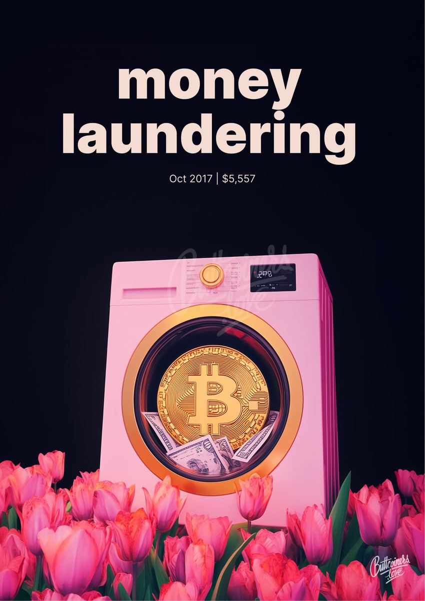 "money laundering" — Larry Fink, 2017. Bitcoin prediction poster (BTC $5,558 at the time).