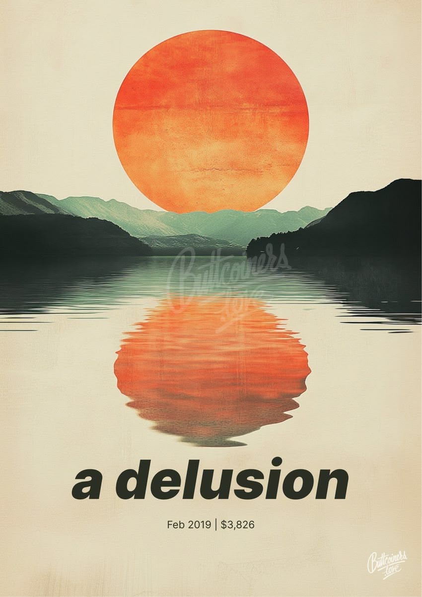 "A delusion" — Warren Buffett, 2019. Bitcoin prediction poster (BTC $3,826 at the time).