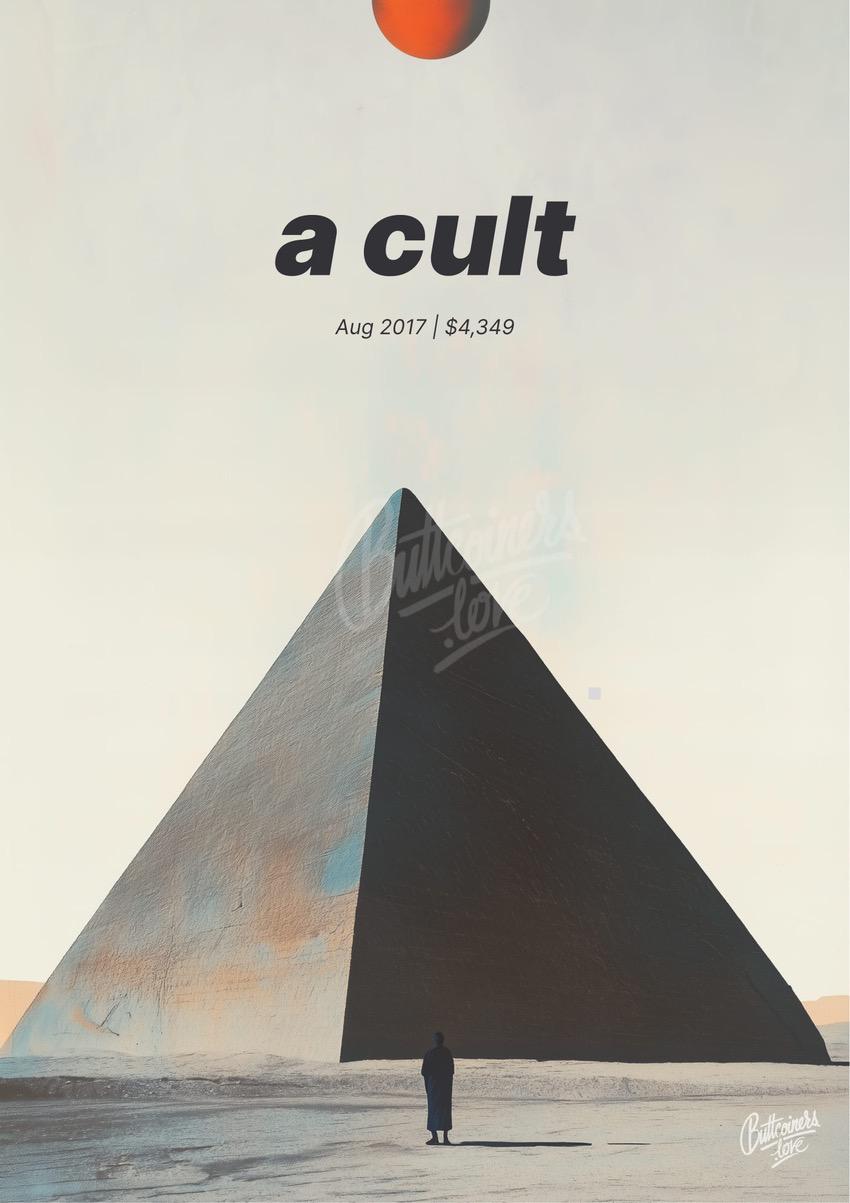 "a cult" — Peter Schiff, 2017. Bitcoin prediction poster (BTC $4,350 at the time).