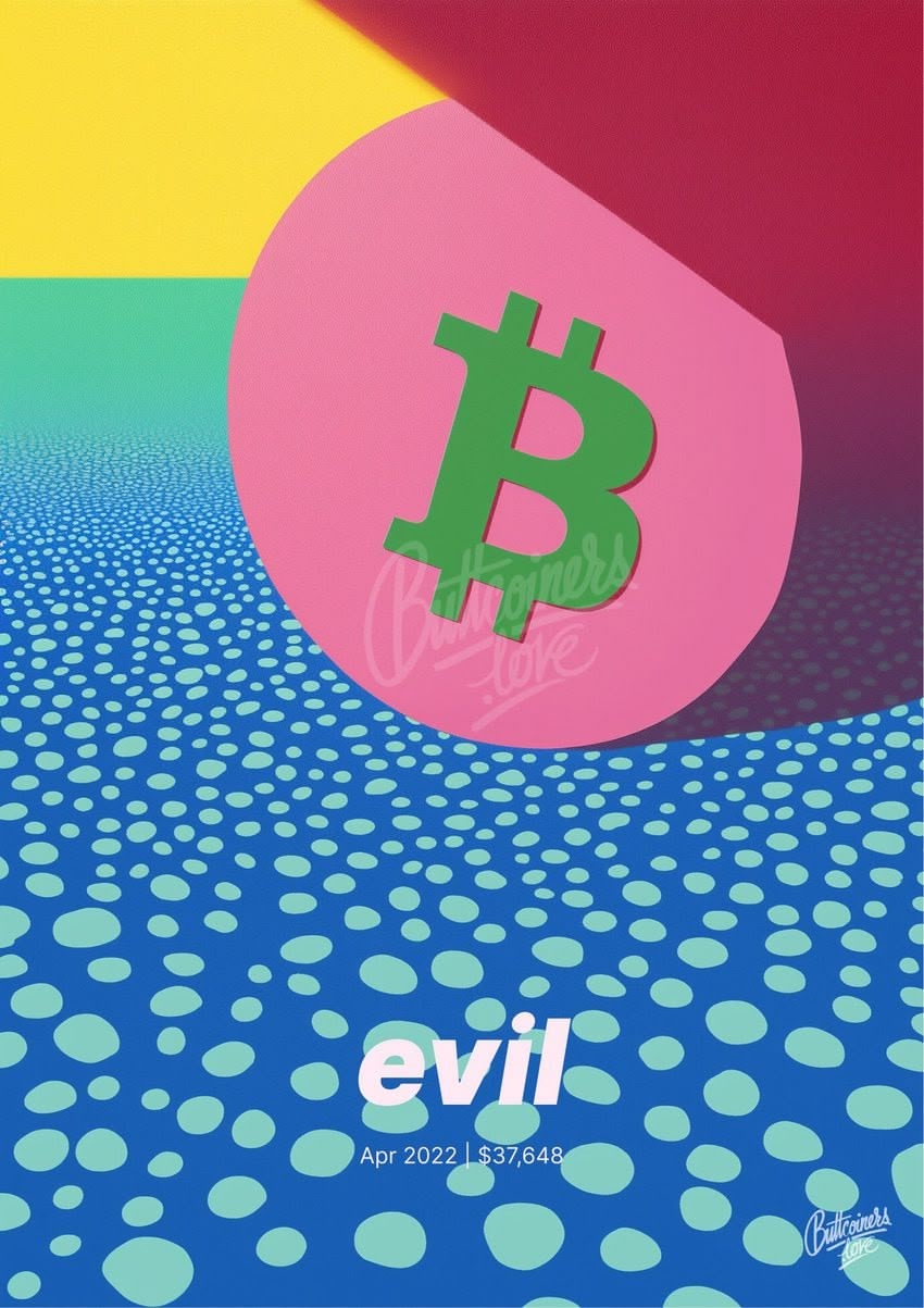 "Evil" — Charlie Munger, 2022. Bitcoin prediction poster (BTC $37,649 at the time).