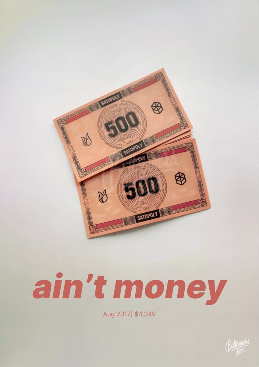 "ain't money" — Peter Schiff, 2017. Bitcoin prediction poster (BTC $4,350 at the time).