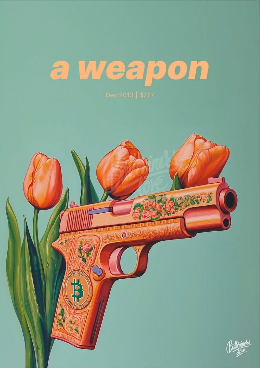 "a weapon" — Paul Krugman, 2013. Bitcoin prediction poster (BTC $728 at the time).