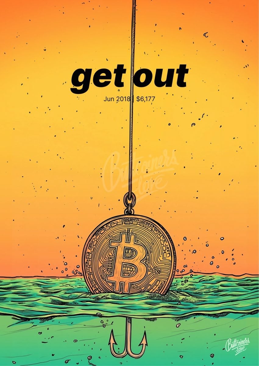 "get out" — Jordan Belfort, 2018. Bitcoin prediction poster (BTC $6,177 at the time).