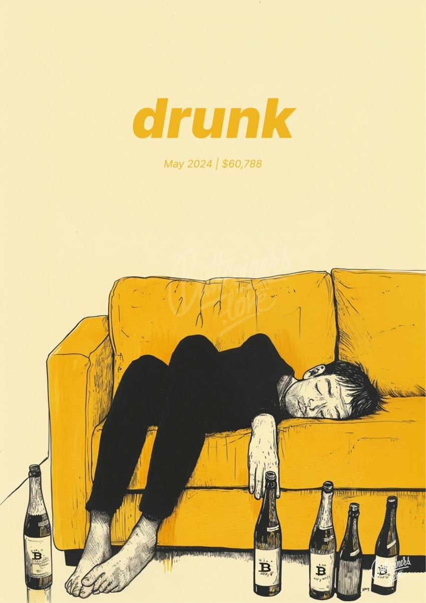 "drunk" — Peter Schiff, 2024. Bitcoin prediction poster (BTC $60,800 at the time).