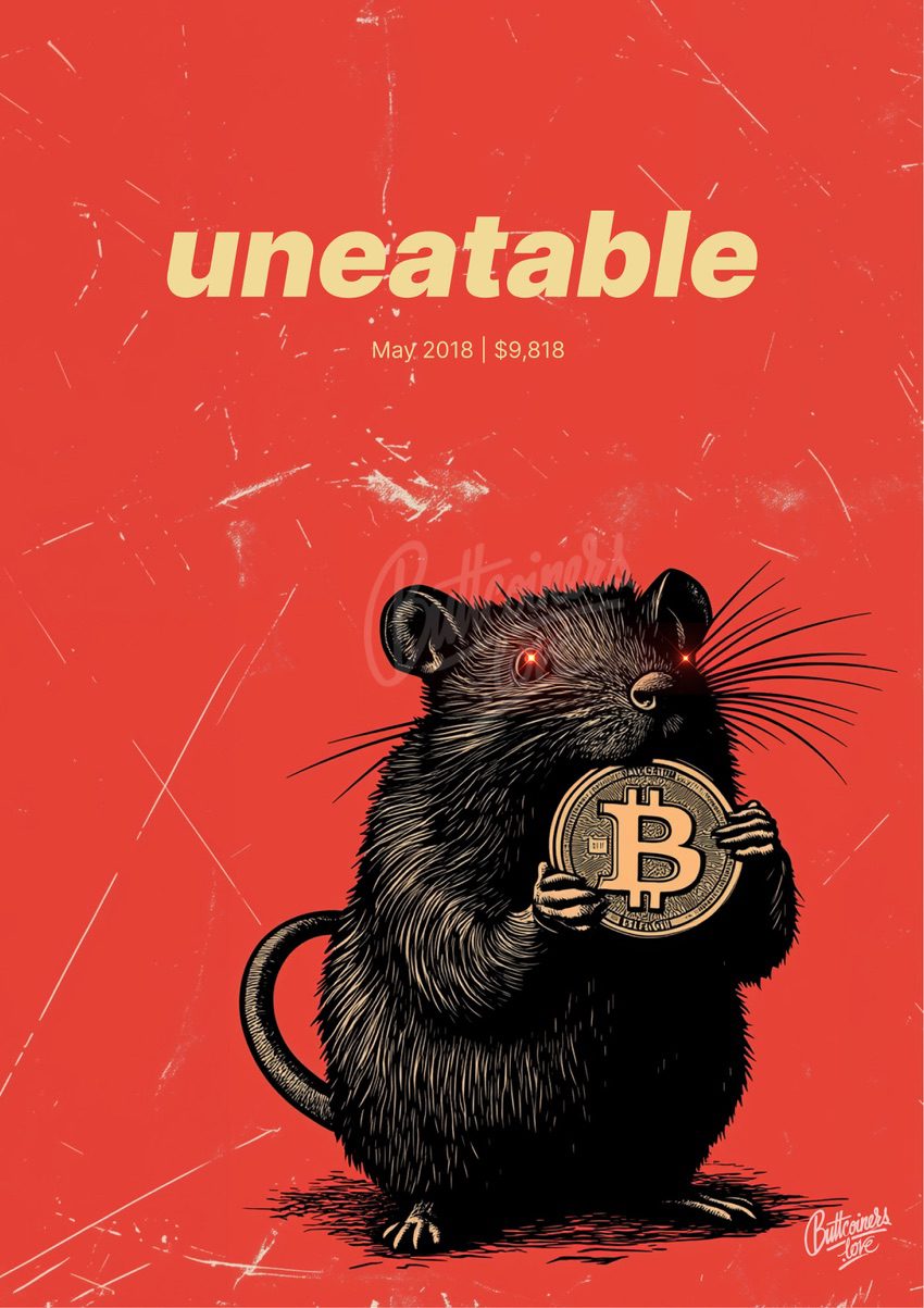 "Uneatable" — Charlie Munger, 2018. Bitcoin prediction poster (BTC $9,819 at the time).