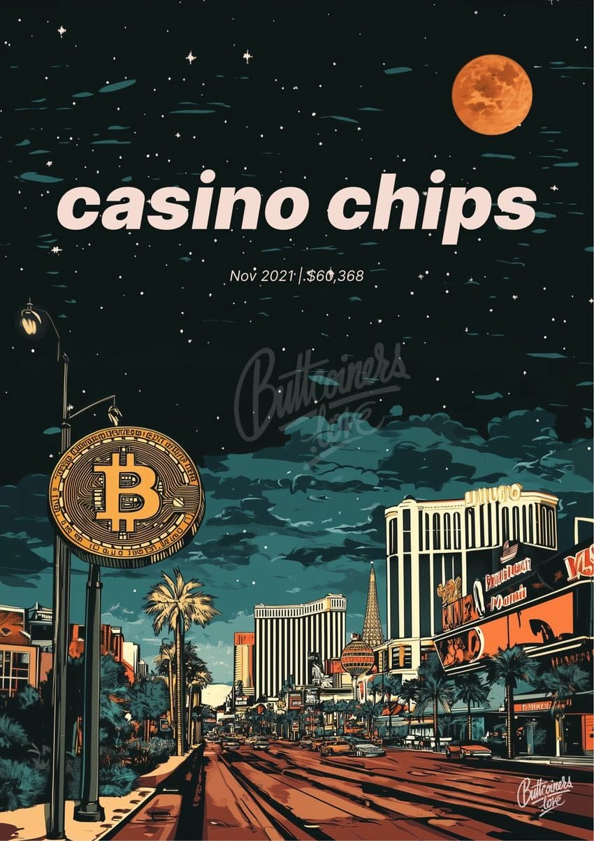 "casino chips" — Avery Pennarun, 2021. Bitcoin prediction poster (BTC $60,368 at the time).