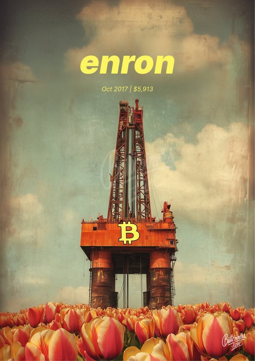 "Enron" — Prince Alwaleed, 2017. Bitcoin prediction poster (BTC $5,914 at the time).