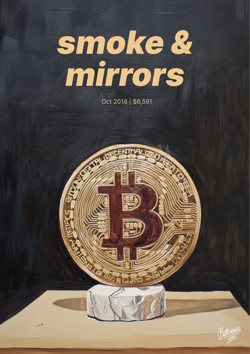"Smoke And Mirrors" — Karen Webster, 2018. Bitcoin prediction poster (BTC $6,591 at the time).