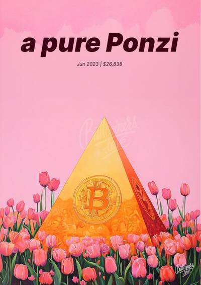 "a pure ponzy" — Peter Schiff, 2023. Bitcoin prediction poster.