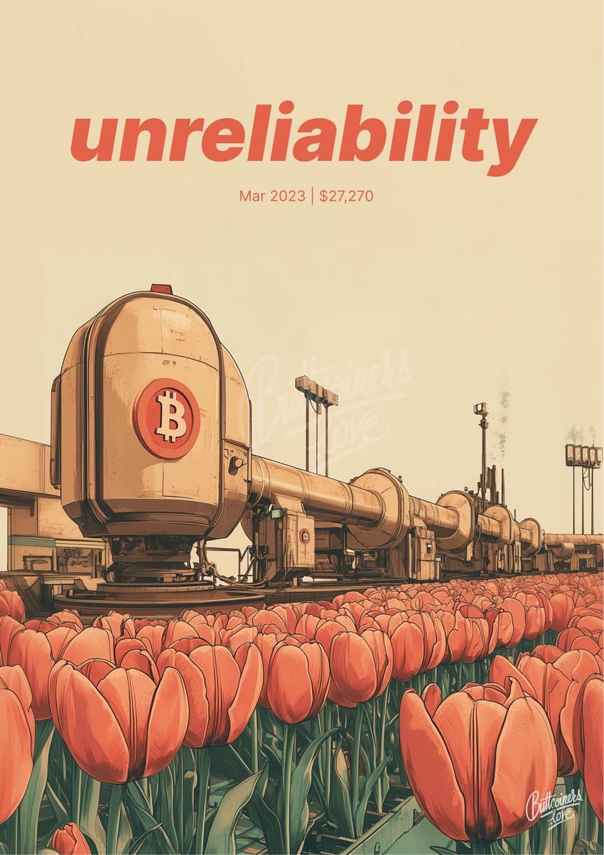 "Unreliability" — Steve Hanke, 2023. Bitcoin prediction poster.