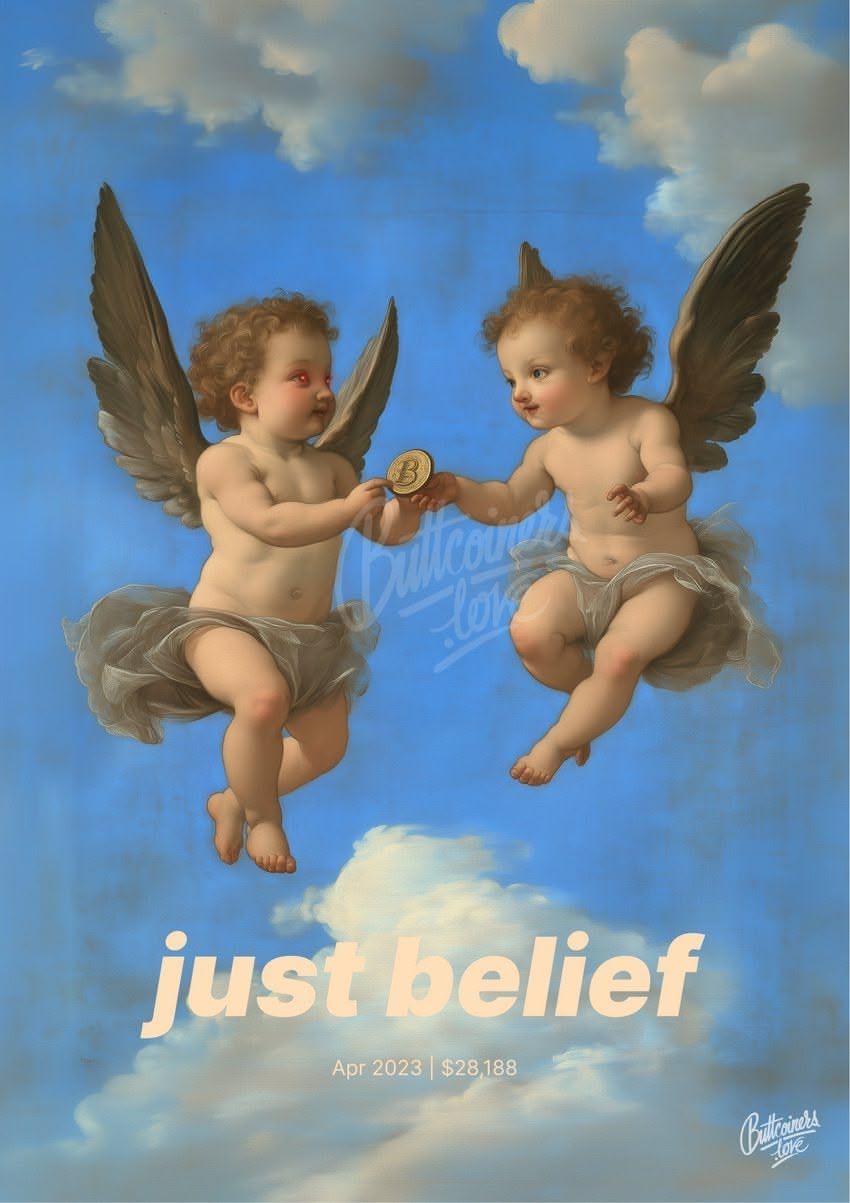"just belief" — Elizabeth Warren, 2023. Bitcoin prediction poster.