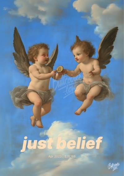 "just belief" — Elizabeth Warren, 2023. Bitcoin prediction poster.