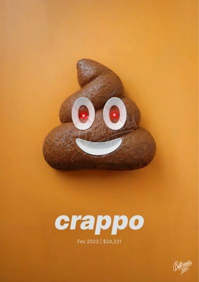 "crappo" — Charlie Munger, 2023. Bitcoin prediction poster.