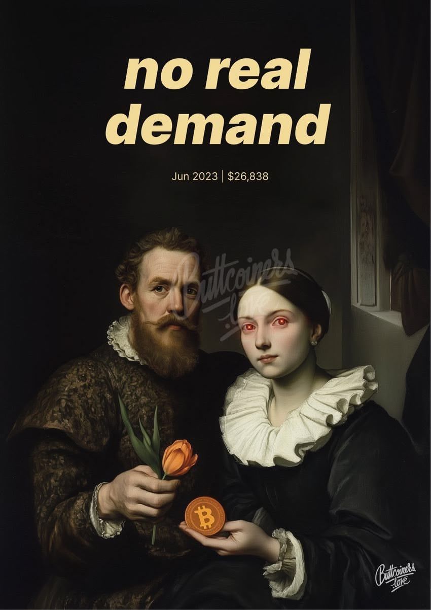 "no real demand" — Peter Schiff, 2023. Bitcoin prediction poster.
