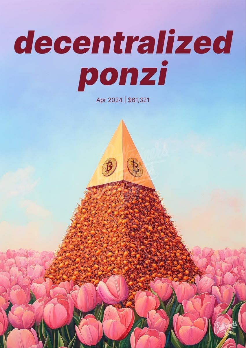 "a public decentralized ponzi scheme." — Jamie Dimon, 2024. Bitcoin prediction poster.