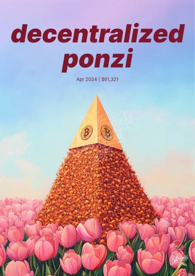 "a public decentralized ponzi scheme." — Jamie Dimon, 2024. Bitcoin prediction poster.