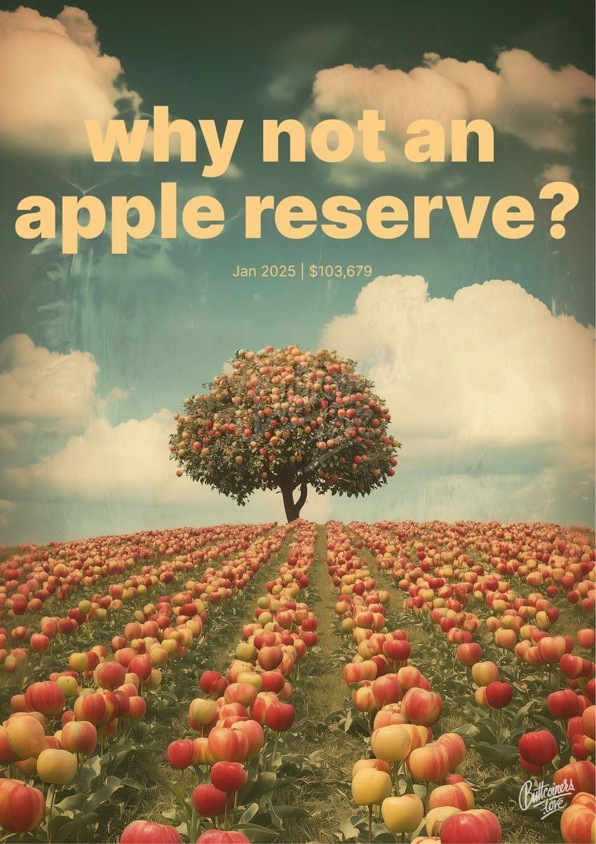 "Why not a apple reserve ?" — Lesetja Kganyago, 2025. Bitcoin prediction poster.