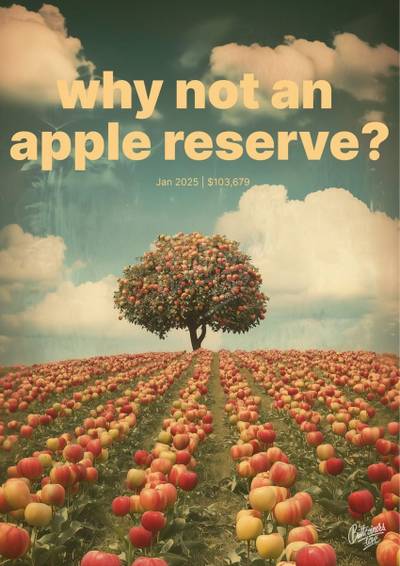 "Why not a apple reserve ?" — Lesetja Kganyago, 2025. Bitcoin prediction poster.