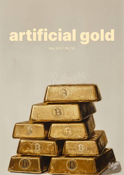 "artificial gold" — Charlie Munger, 2018. Bitcoin prediction poster.
