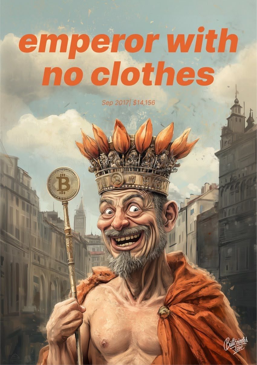 "emperor with no clothes" — Jamie Dimon, 2017. Bitcoin prediction poster.