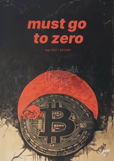 "must go to zero" — Kevin Dowd, 2021. Bitcoin prediction poster.