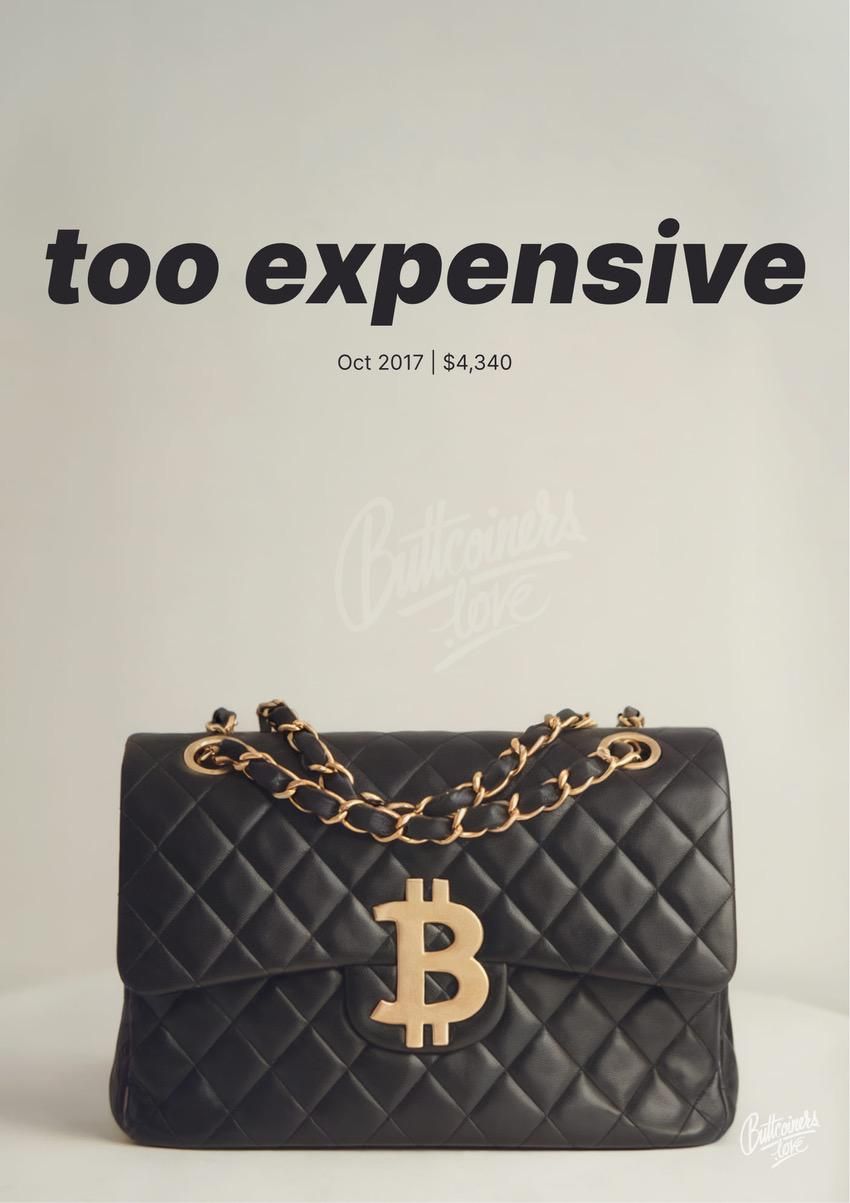 "too expensive" — Peter Schiff, 2017. Bitcoin prediction poster.