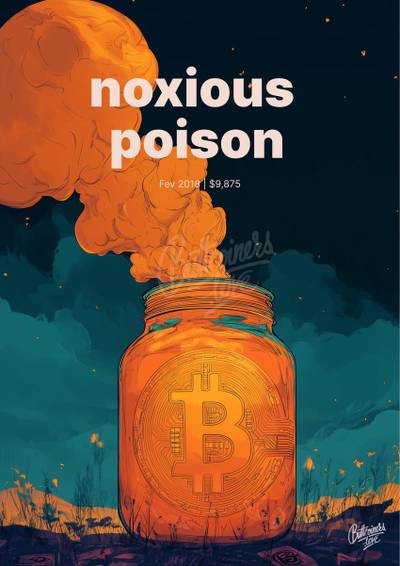 "noxious poison" — Charlie Munger, 2018. Bitcoin prediction poster.