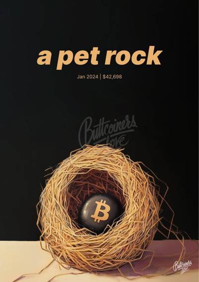 "a pet rock" — Jamie Dimon, 2024. Bitcoin prediction poster.