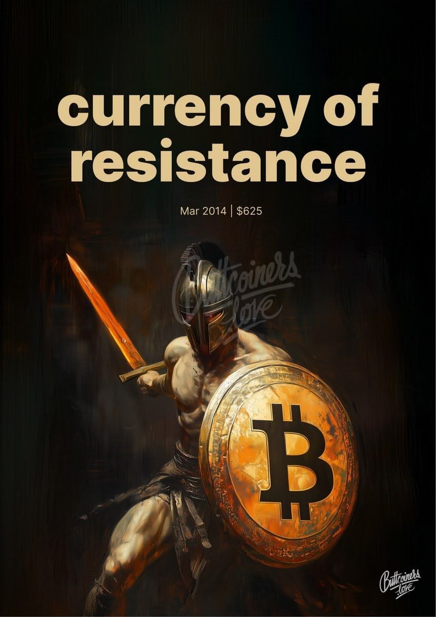"currency of resistance" — Andrew Leonard, 2014. Bitcoin prediction poster.