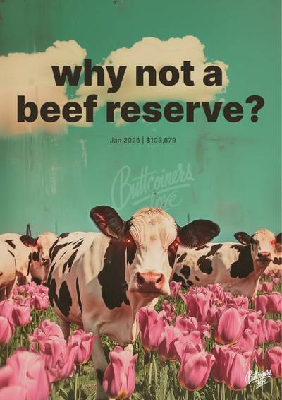 "Why not a beef reserve ?" — Lesetja Kganyago, 2025. Bitcoin prediction poster.