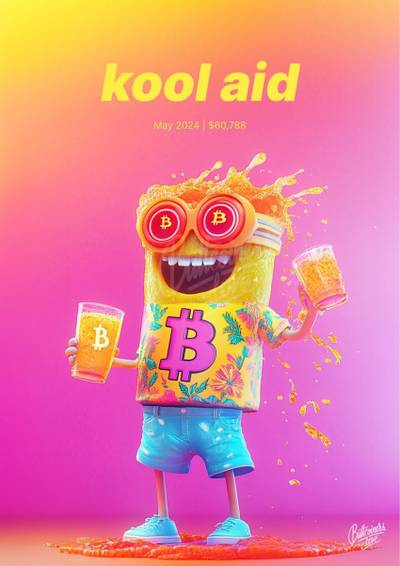 "Kool-Aid" — Peter Schiff, 2024. Bitcoin prediction poster.